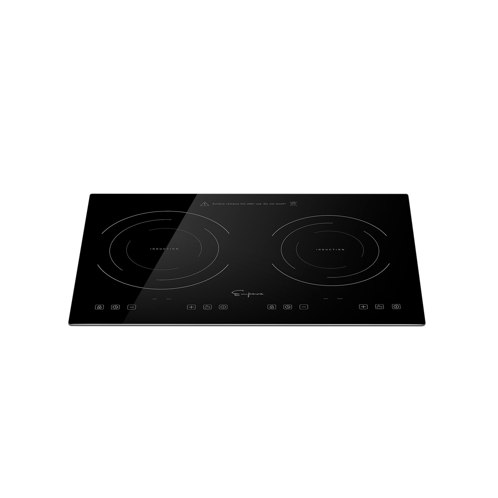 Empava IDC12B2 12 In. Induction Cooktop with two burners, featuring a sleek black glass surface and modern design.